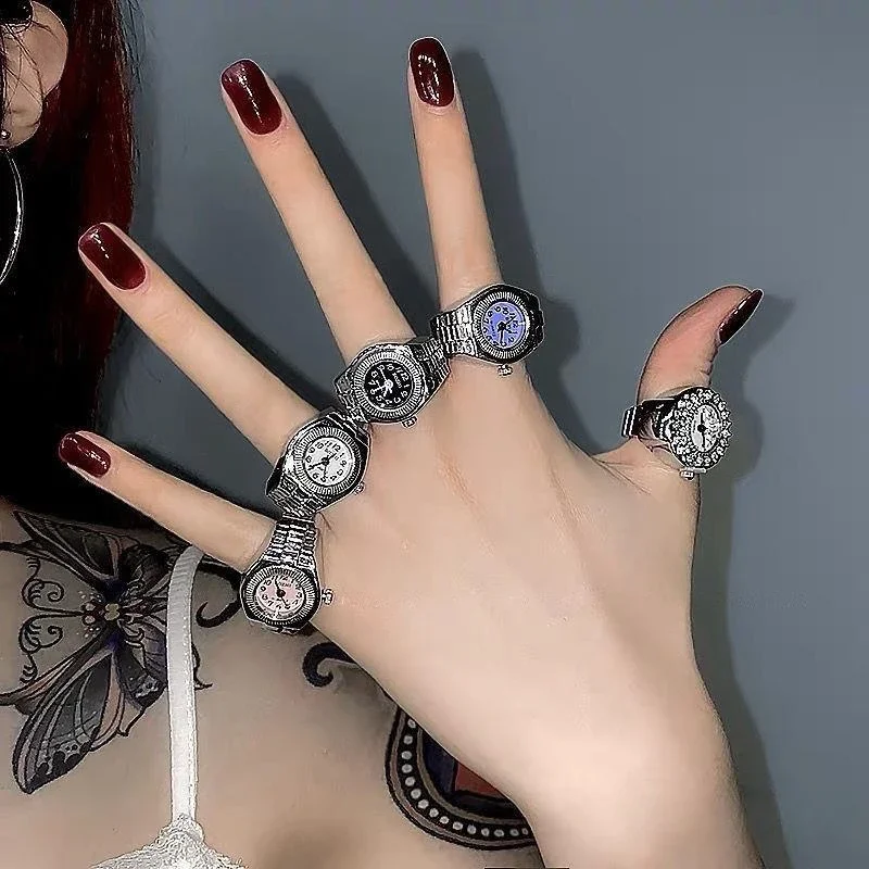 Mini Mode Finger Uhr Quarzuhr Uhr Finger Ringe für Männer Frauen Gummiband Punk Gothic Paar Römischen Ring Schmuck Geschenk