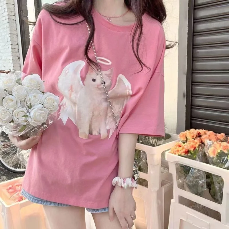 New Sweet and Cute Cat Pattern Print T Shirt Women Pure Cotton Peach Powder Round Neck Top Oversized College Style Kawaii Tee