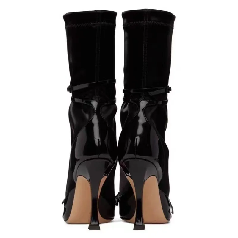 Fashion Women Stretch Sock Boots Pointed Toe Ankle Booties Black Thin High Heels Slip on Belt Buckle Elegant Autumn Botas Black