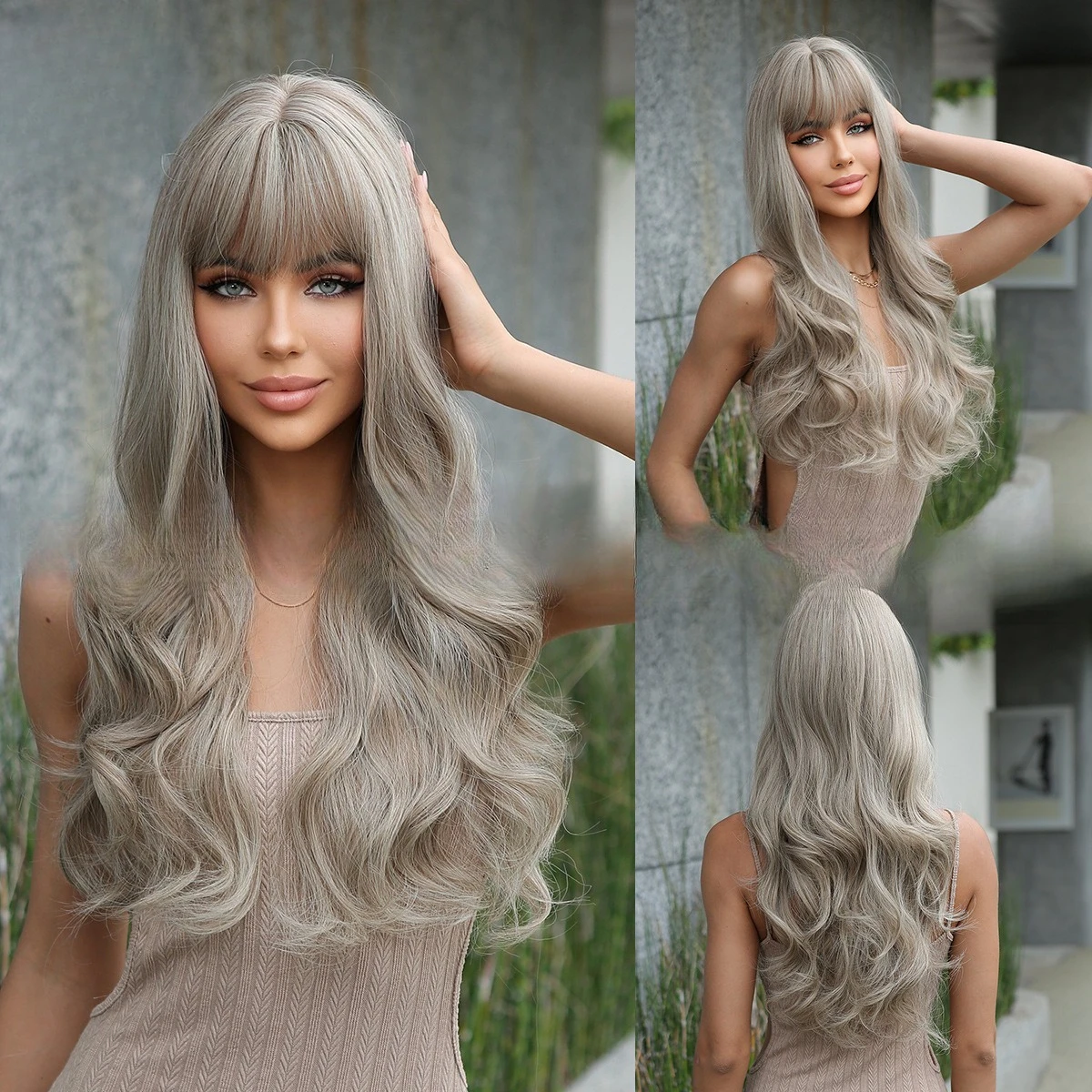 

Wig female European and American fashion long curly hair 26inch green wood gray Qi bangs wig headgear matte silk wig