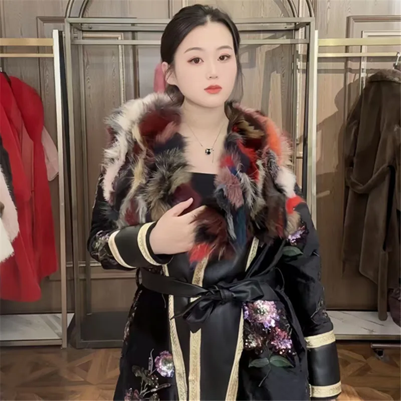 Faux Fur Coat for Women,Luxury Jacket,Female Clothes,Fox Fur Collar,Adjustable Waist,Female Clothes,Spliced,New,Winter,2025