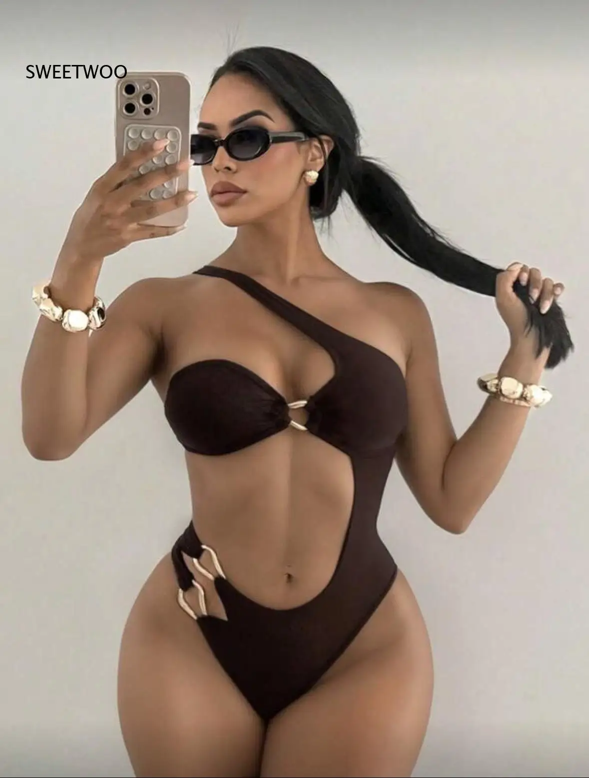 Women's One Shoulder One Piece Swimsuit - Cutout High Leg Monokini with Metal Ring Detail for Beach Pool Summer Vacation Holiday