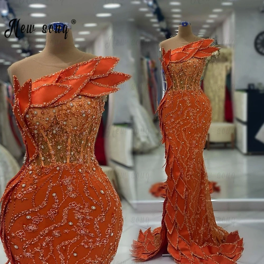 

Aso Ebi Dubai Party Dress Orange Beaded Prom Gowns Dubai Blue Side Slit Wedding Night Dresses Long Celebrity Dresses Custom Made