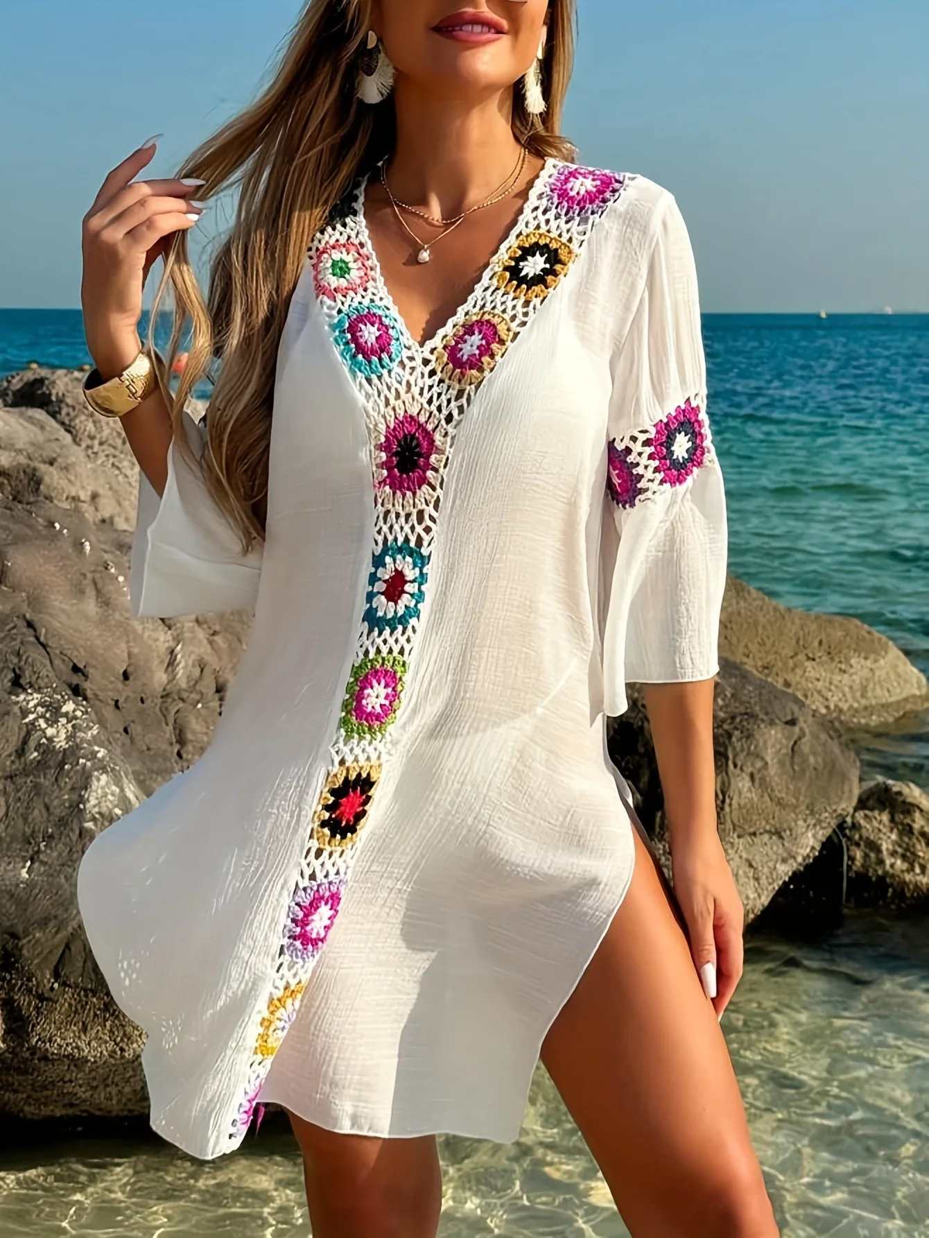 Patchwork Woven Dress Loose Fit Streetwear Mid Waist with V Neck Geometric Pattern 3d Pattern Pullover Summer Women Swimsuit