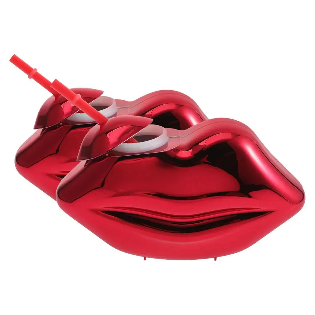 

2Pcs Red Lip Striped Cup Tumbler Plastic Drinking Cups Creative Hawaiian Party Juice KTV Bar Straw Decorations