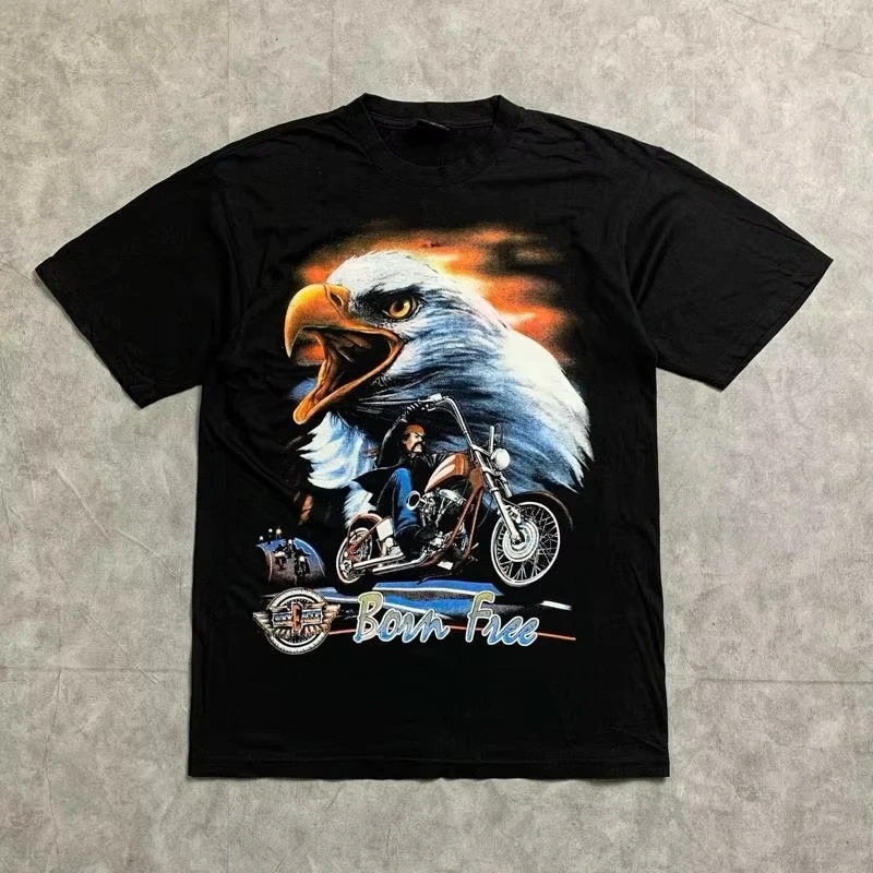 2026 Unisex Vintage Biker Single Sided Graphic Tee Black Crew Neck Front Eagle Chopper Motorcycle Rider Retro Art Print