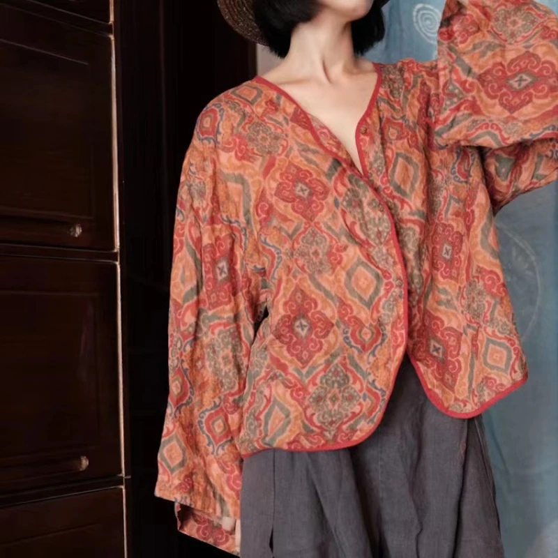 

Plus Size 100% Linen Thin Chic Shirt and Cardigans Women's Vintage Artistic Printed Blouses Loose Tops Button-Up Women Clothing