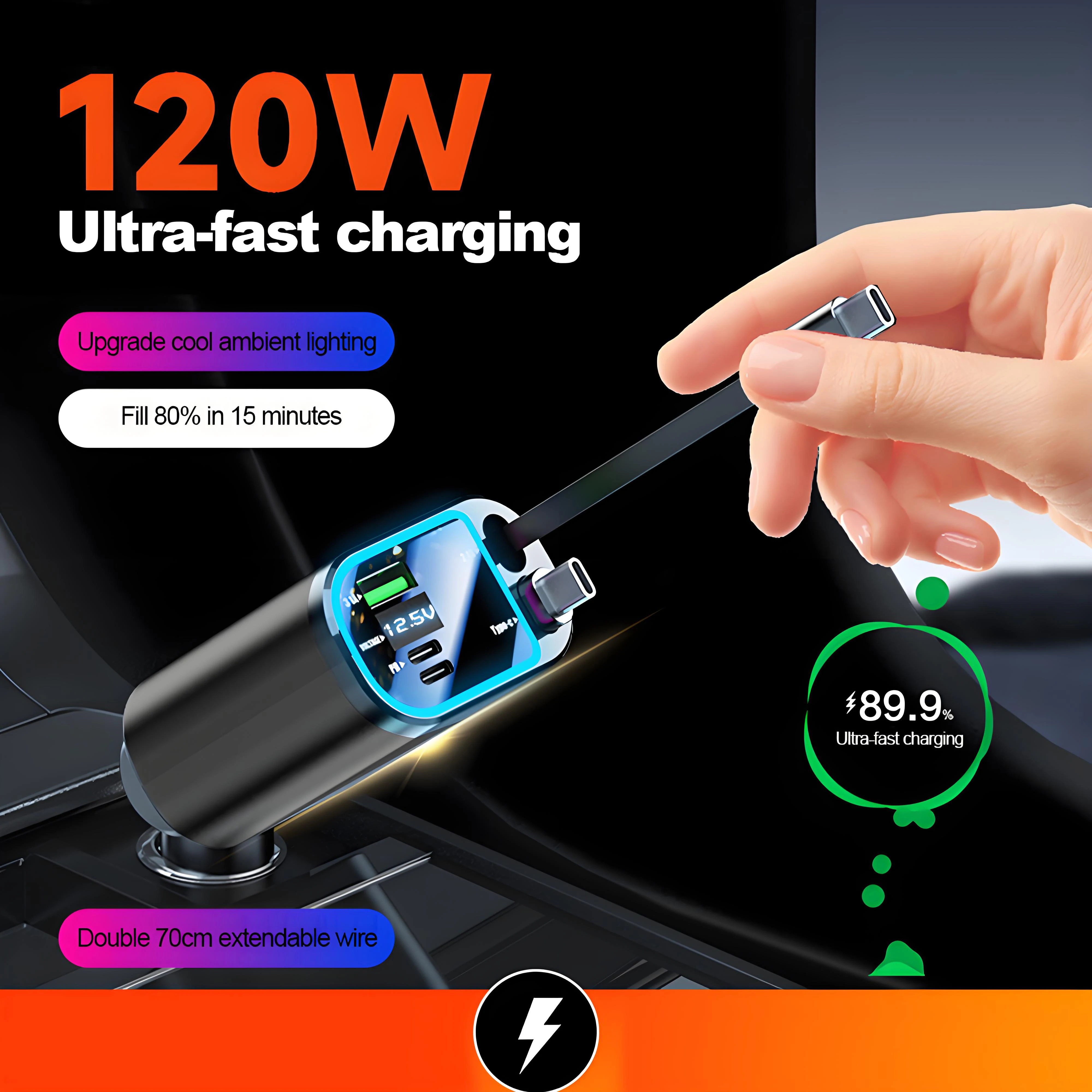 Caricabatteria da auto retrattile da 120 W con tetto Starlight Cavo USB C Caricatore rapido Adattatore per accendisigari per IPhone Huawei Samsung