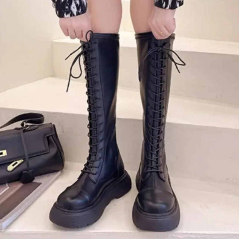 

Lace Up Women Heeled Long Boots Designer Elegant Winter New Shoes 2025 Fashion Sexy Party Knee Boots Dress Pumps Zapatos Mujer