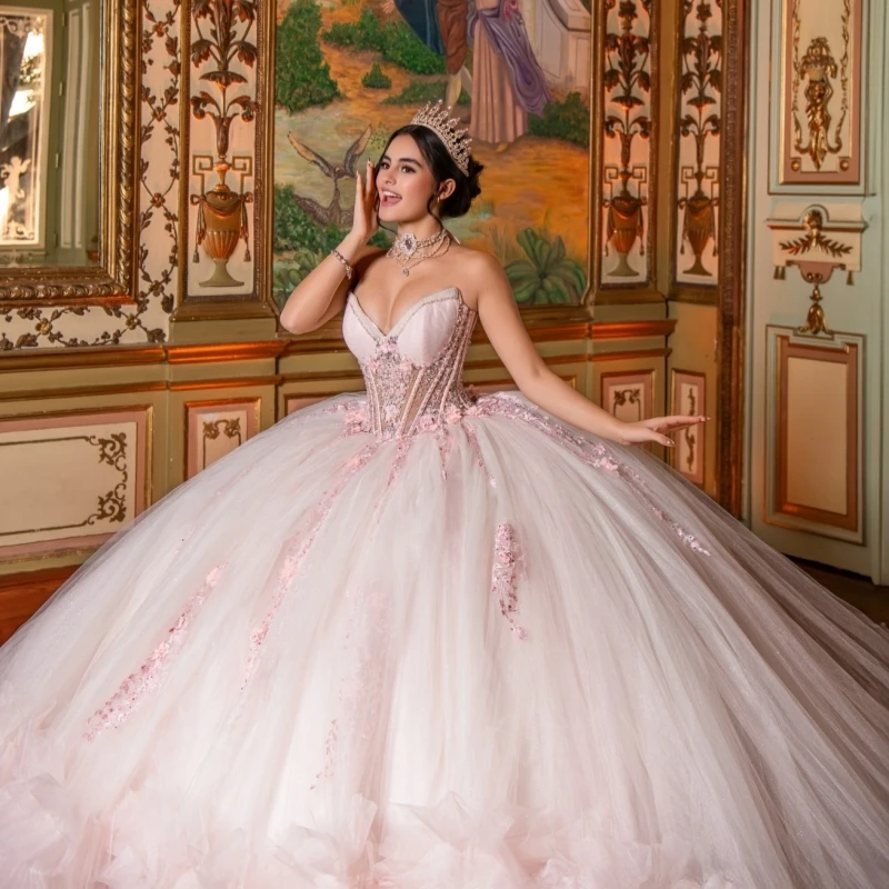 

Pink Shiny Quinceanera Dresses Ball Gown Off The Shoulder Applique Lace Beading Crystal Tiered Tull Corset Party Birthday Sweet