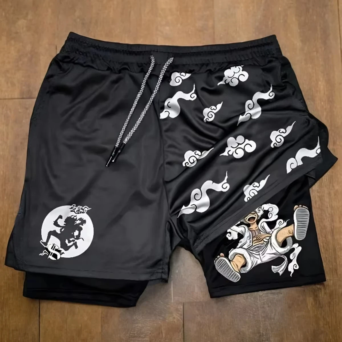 

Summer Anime Printed Motorcycle Shorts Men's Quick Drying Sports Shorts Lined with Double Layer Running Fitness Fake Two Pieces