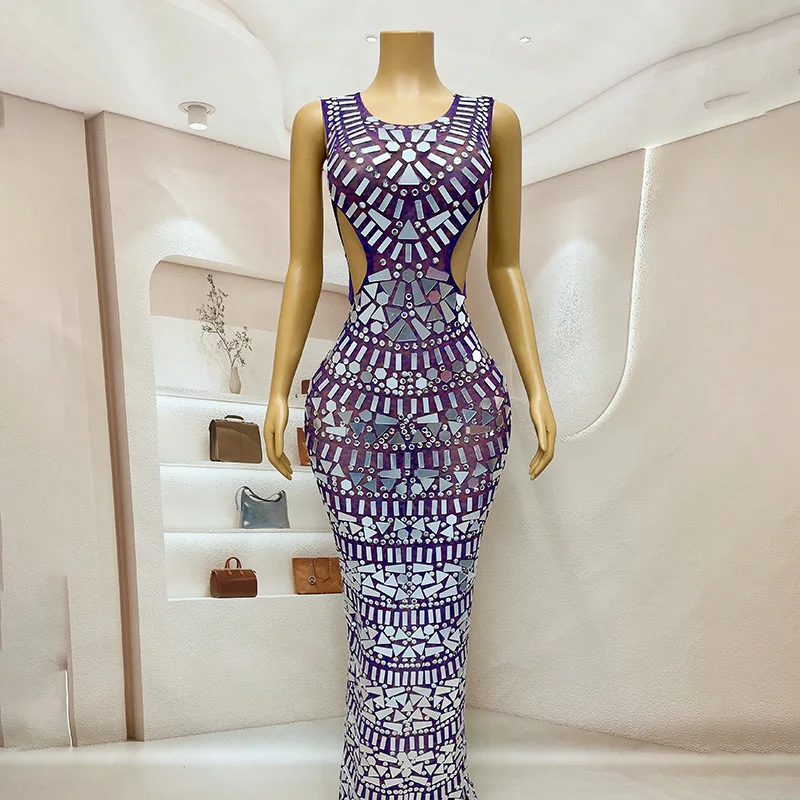 

Diamond Birthday Clothing Purple Pinched Waist Nightclub Bar Full Diamond Dress Singer Model Catwalk Banquet Vestidos Para Mujer