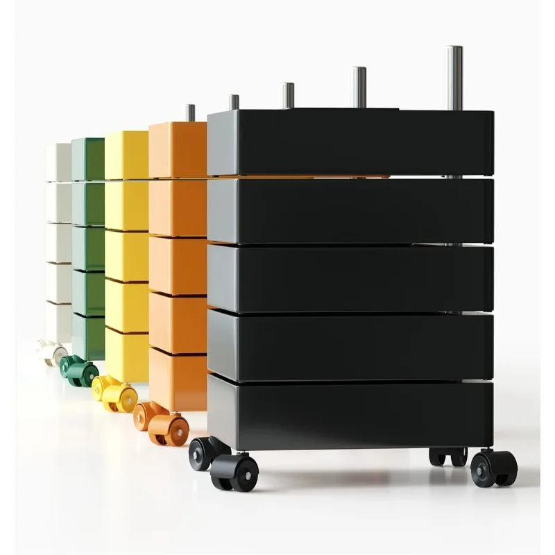 A few carts on the side of the movable storage cabinet, rotating cabinet, desk, cosmetics.