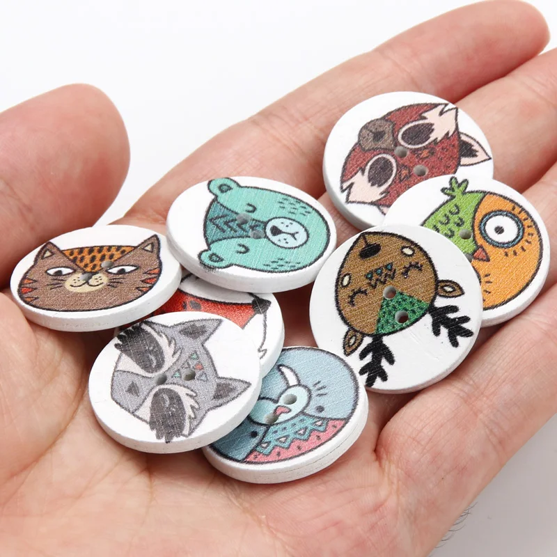 30pcs 25mm Mixed Animal Pattern Wood Sewing Buttons For Kids Clothing Needlework Scrapbook Decoration Crafts Accessories