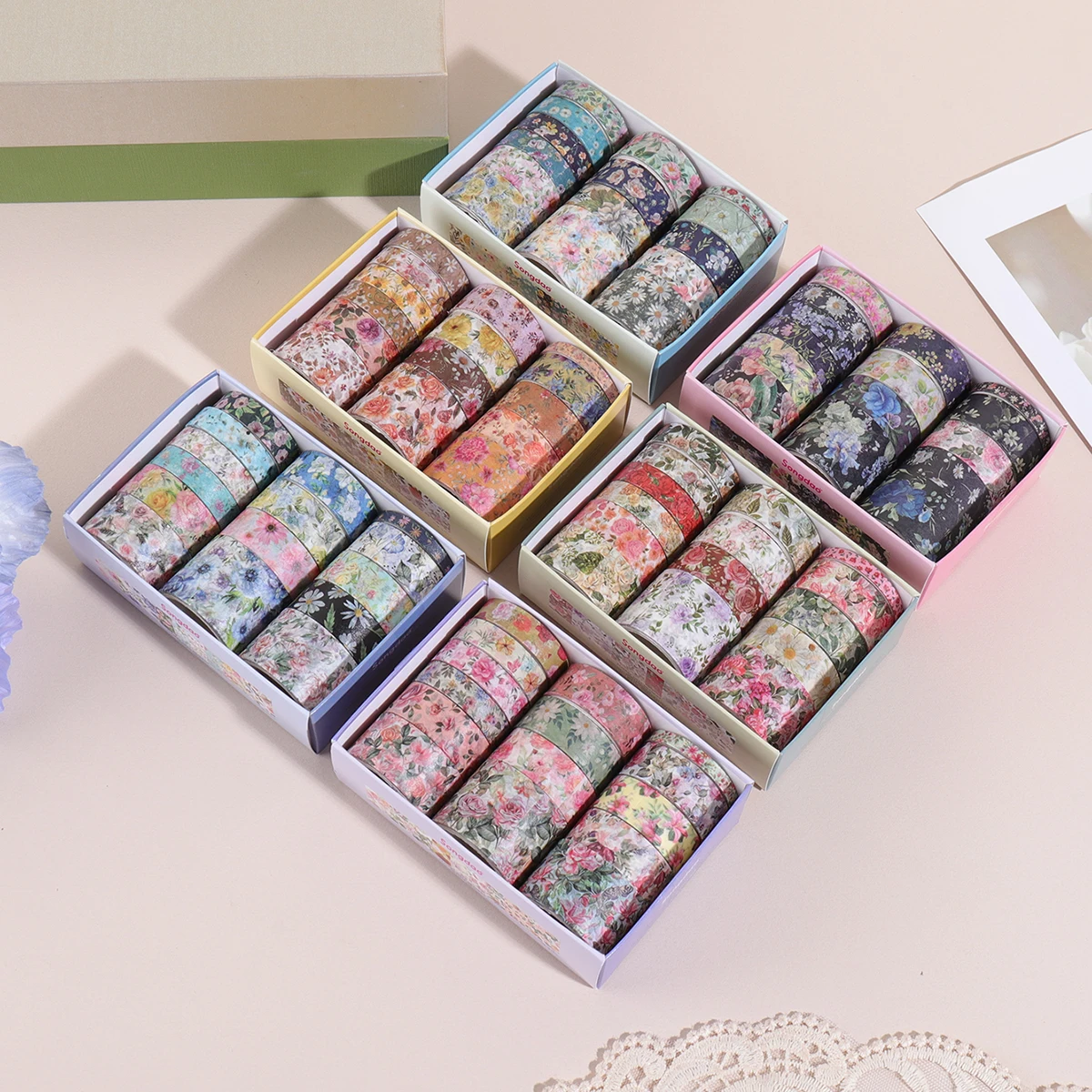 مجموعة 15 لفة/صندوق من شريط واشي بطابع الأزهار، تتميز بأنماط أوراق الزهور المختلفة، ومواد تزيين المجلات بنفسك