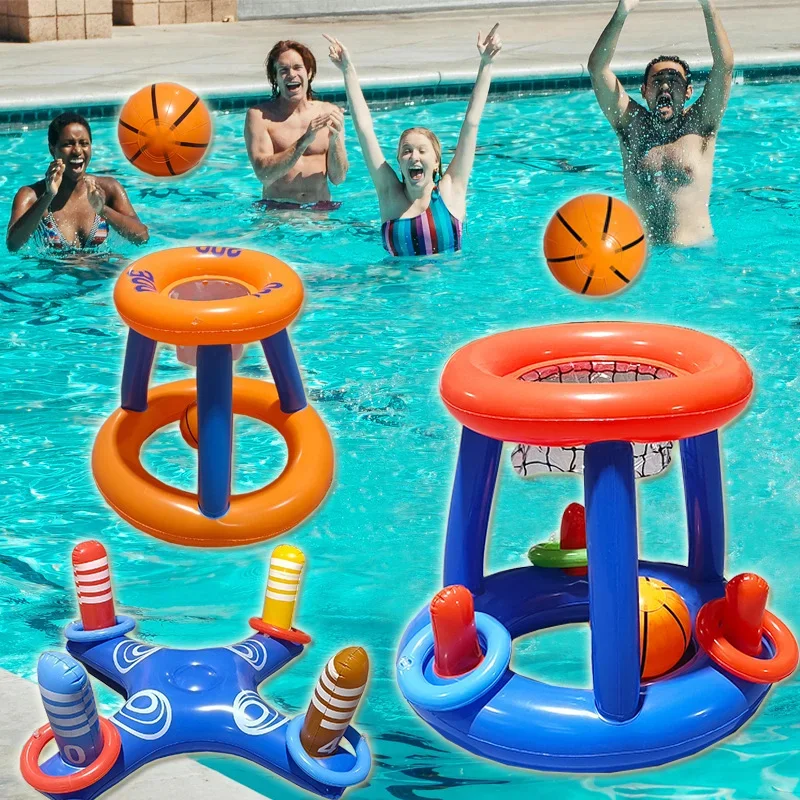 Inflatable Water Basketball & Ring Toss Game for Kids, Pool Beach Outdoor Toys with 3 Rings+1 Ball, Family Interactive Toys
