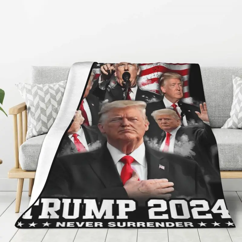 Custom 3D Print Trump 2024 Never Surrender Blankets Breathable Soft Flannel Autumn Throw Blanket for Sofa Office Bedroom