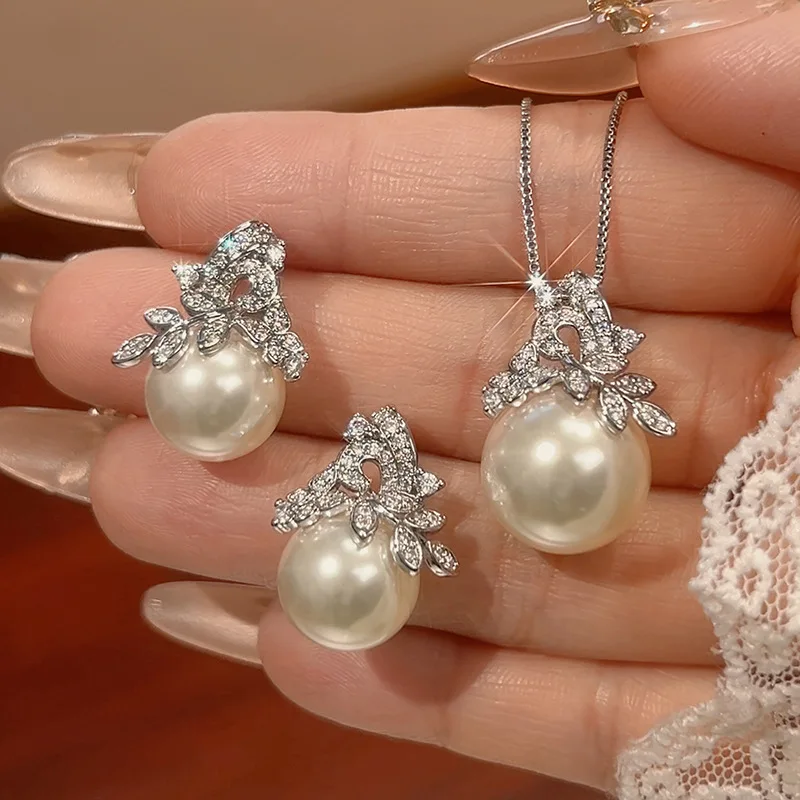 

Pearl Set Earrings Necklace Floral Shape Women's Sweet Korean Fashion Versatile Elegant Hair