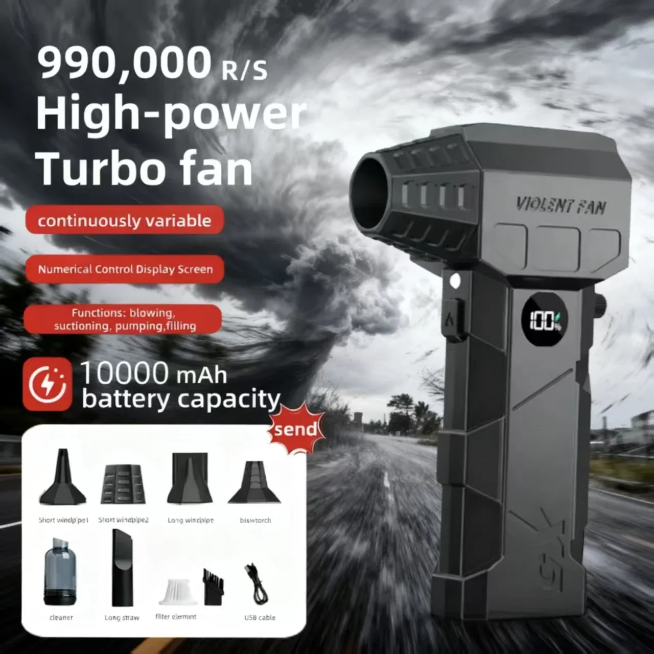 

High-Speed 990000RPM Electric Air Blower Turbo Jet Blower with LED Display Brushless Motor USB Rechargeable Powerful Dust Blower