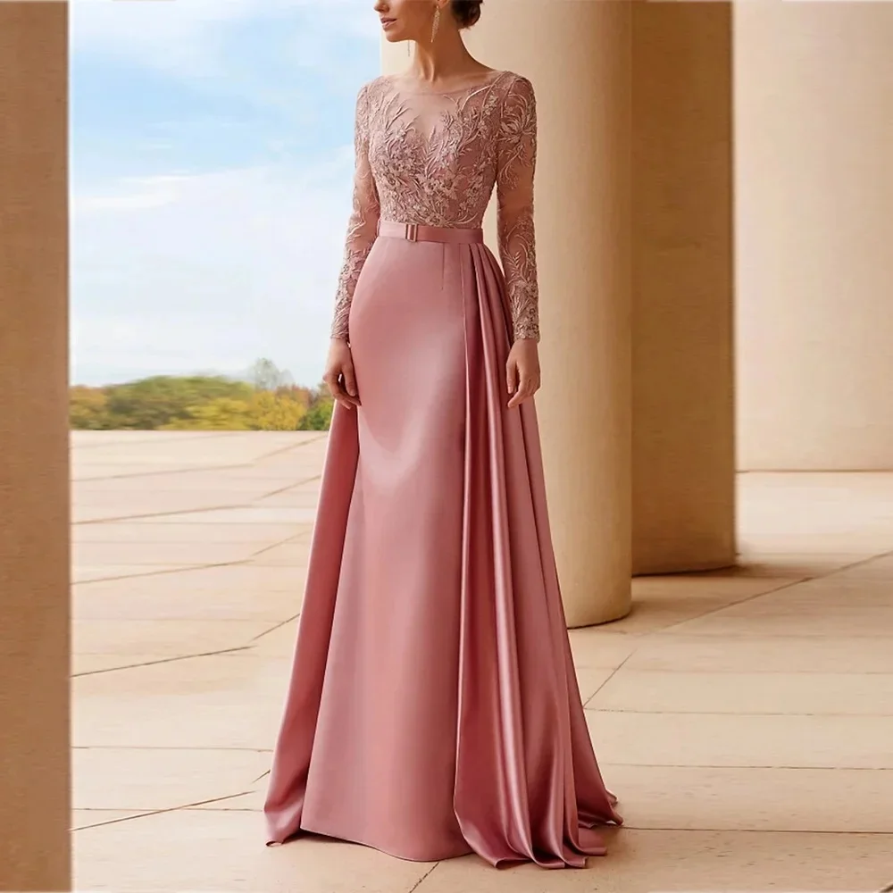

Customized Classic Satin A-Line Appliques Evening Dress Temperament O-neck Long Sleeves Floor Length Bespoke Occasion Gowns