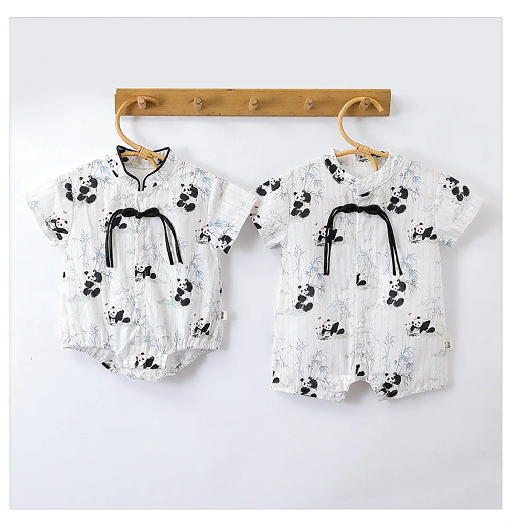 

Newborn Clothes 2024 summer baby Boys Girl New Chinese Panda National Style Bag Farts Baby Cartoon Print Out Ha Clothes