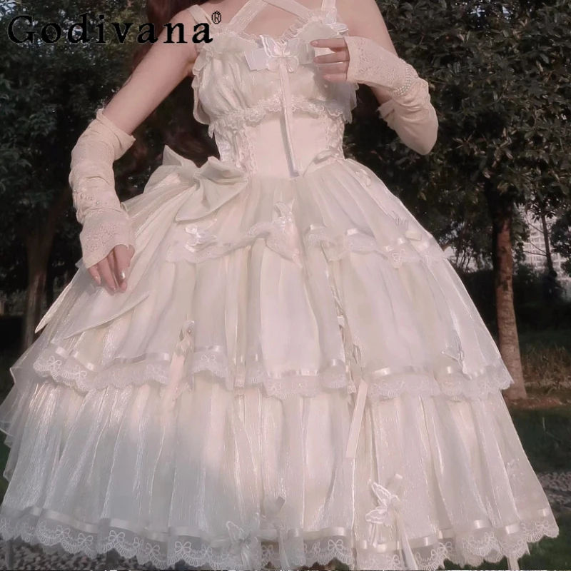 

Spring Summer Elegant French Ruffles Slashed Neck Lolita Suspender Dress Fashion High-waisted Age Reducing Fairy Cake Dresses