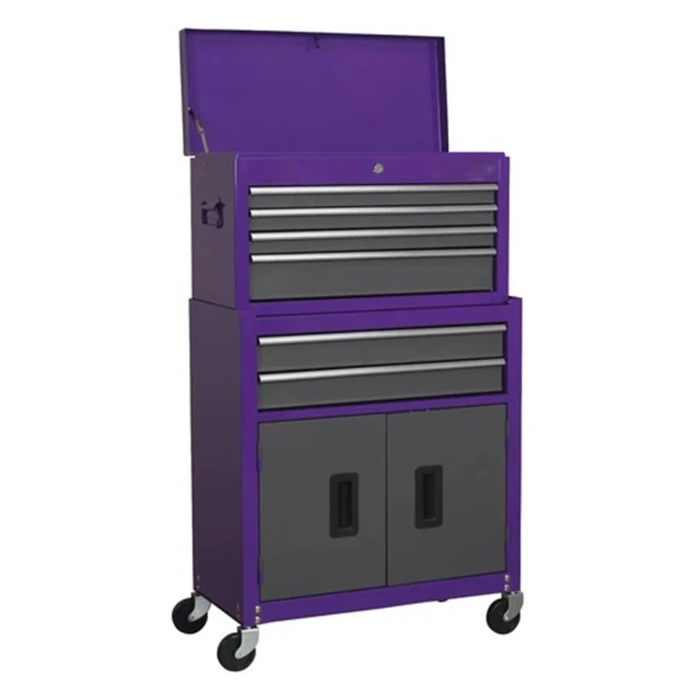 

Фиолетово-серый большой передвижной ящик для инструментов с 6 ящиками и колесами для ремонтной мастерской, склада