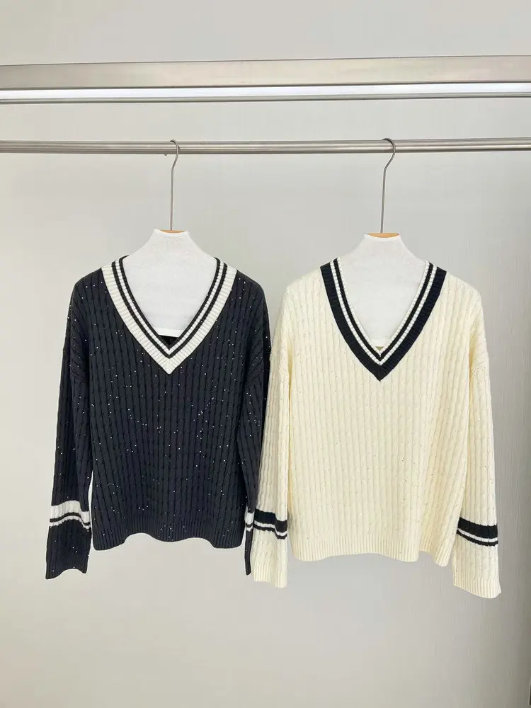 

100% Wool Women's Sequins Sweater Autumn 2024 Contrast Color V-Neck Long Sleeve Preppy Style Knitted Pullover