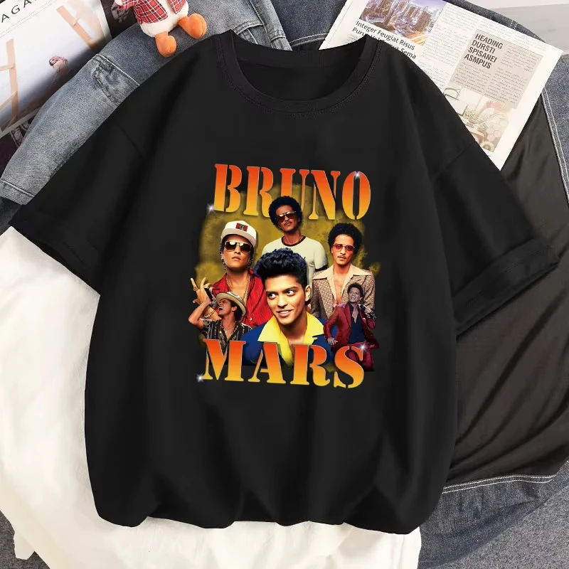 Camiseta con estampado con dibujo de cantante Bruno Mars, pantalón corto informal de verano para mujer, Camiseta de algodón, camisetas Harajuku, Tops, ropa