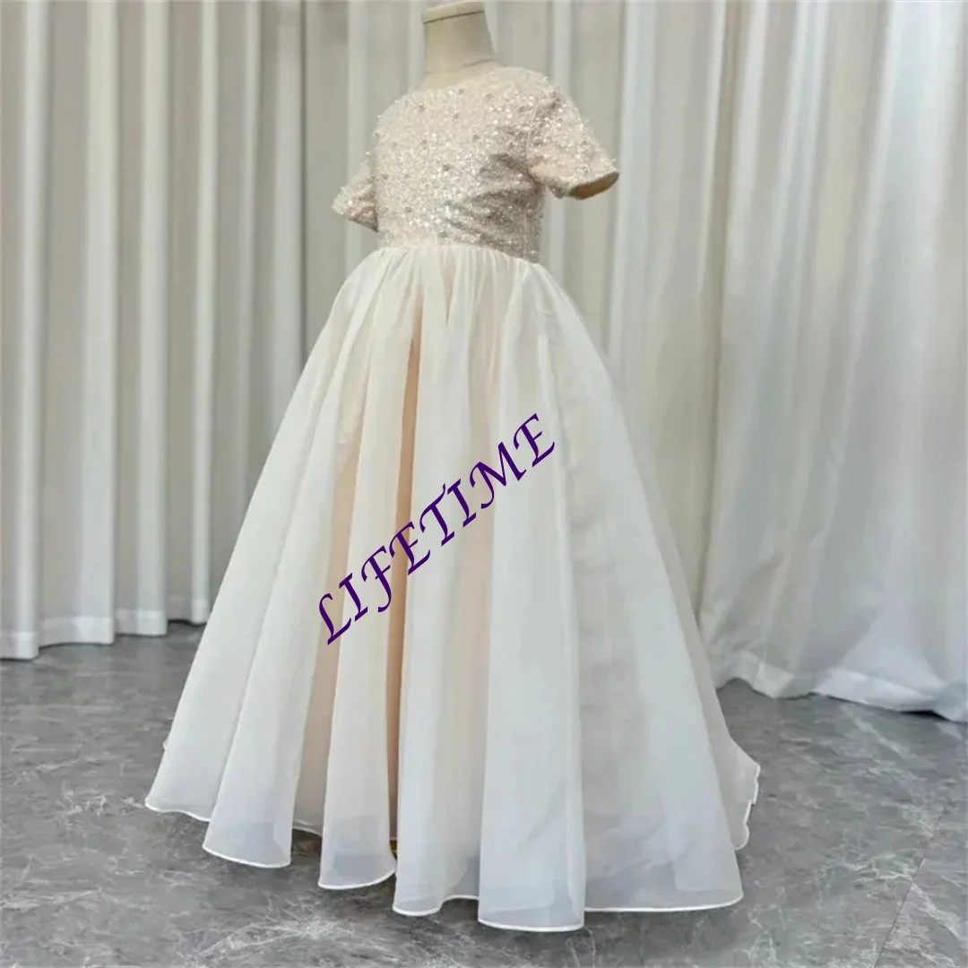 Luksusowa, prosta sukienka na Pierwszą Komunię Świętą z cekinami, błyszcząca, księżniczka, krótki rękaw, kokarda, plisy, sukienka dla dziewczynki sypiącej kwiatki, szyta na miarę, 2025