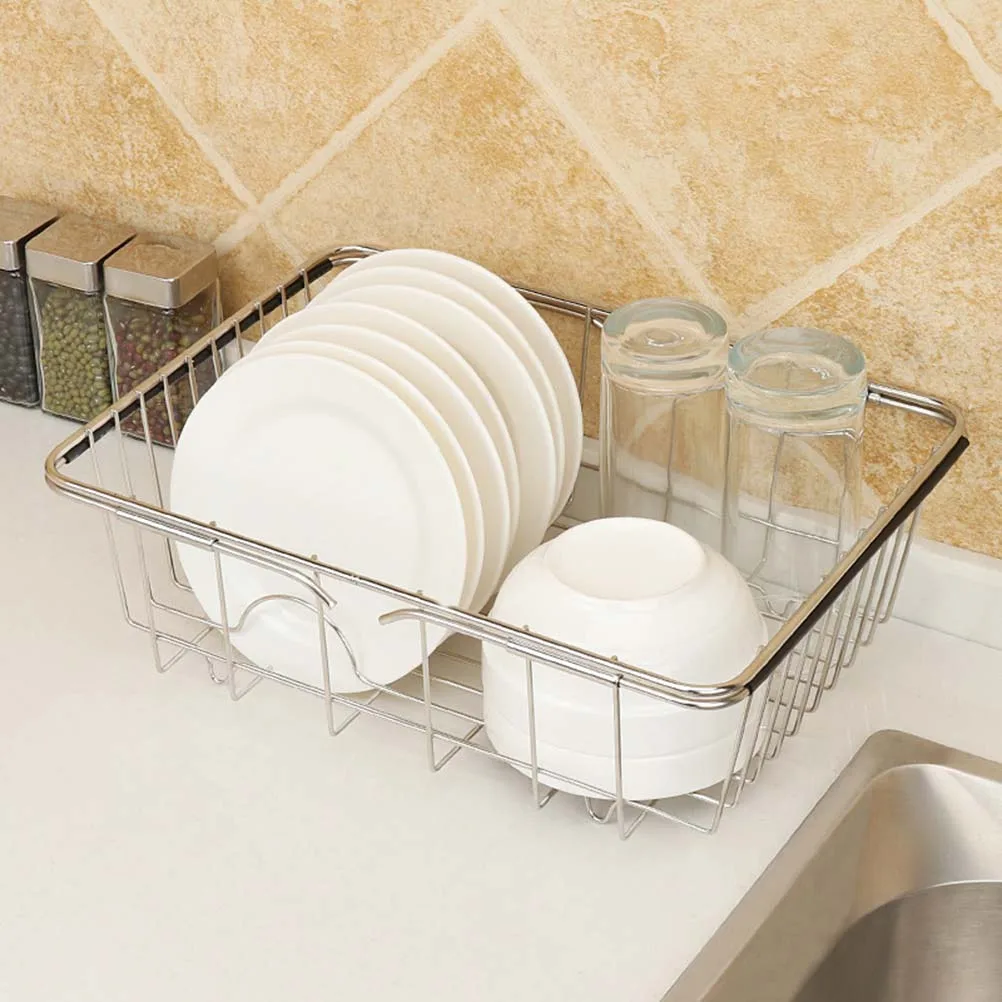 

Stainless Steel Expandable Sink Dish Drying Rack 330-420mm Retractable Non-Slip Handle 7 Plates Capacity Drain for Countertop