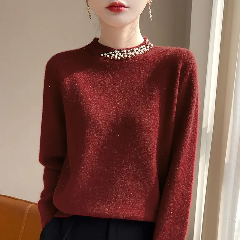 Round Neck Sweater Women's Autumn/Winter New Temperament Nail Bead High-quality Wool Pullove Loose Long Sleeved Solid Warm Tops