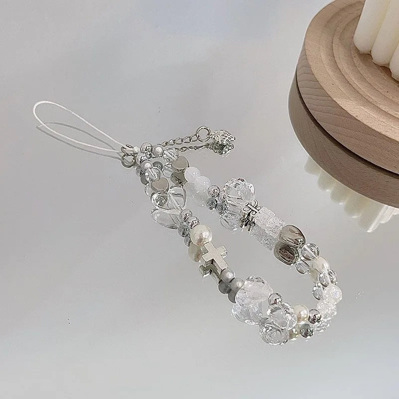 Y2K Silver Cross Beaded Phone Chain Lanyard Charm Glass Wrist Strap Stylish Pearl Hanging Cord for Girls Daily Gift for Her