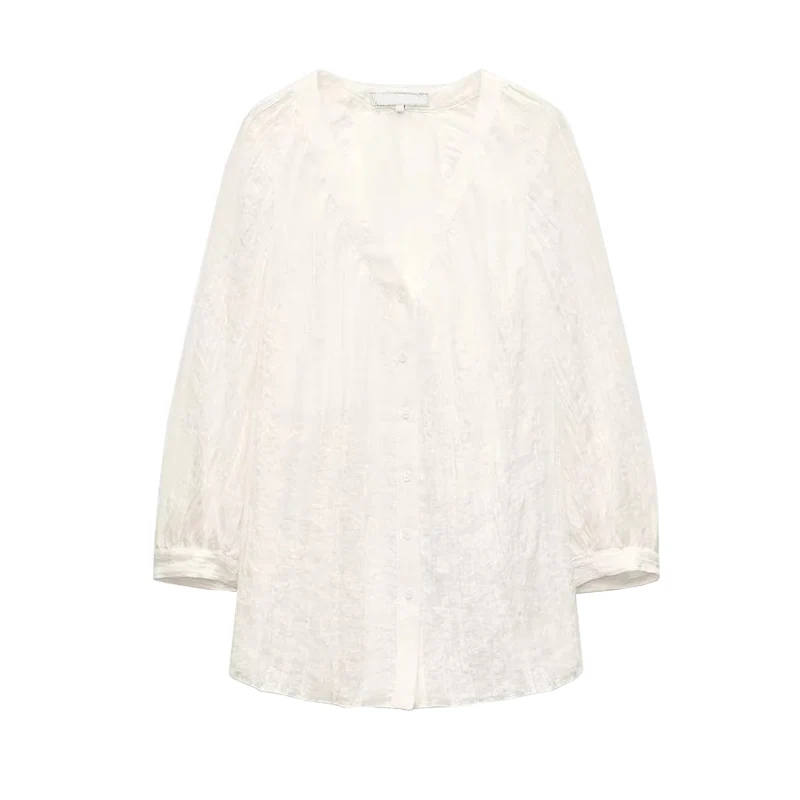 Lente Nieuwe Lazy Sle V-Ne Lange Sve Geplooide Losse Blend irt Polyestervezel 00% Bubble Sve Midi Lengte irt