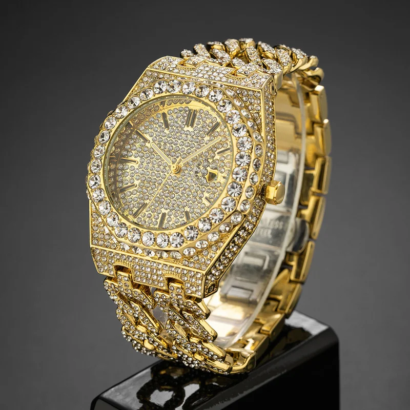 Men's Cuban Link Chain Quartz Watch, Iced Diamond Watch, Hip Hop Moda, Frete Grátis, Nova Marca, Frete Grátis