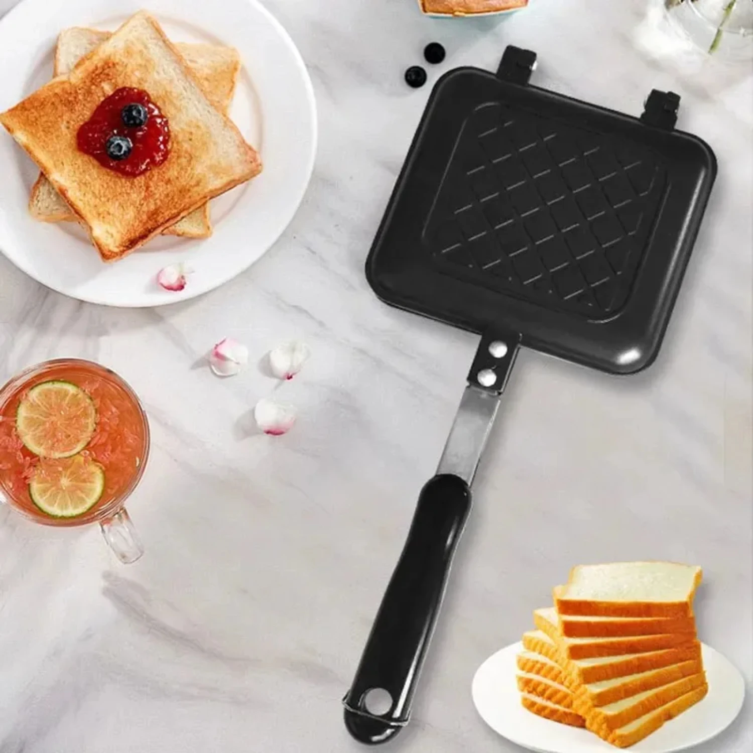 Non-Stick Gas Sandwich Maker Iron Breakfast Machine with Waffle Pancake Mold for Baking Bread - Versatile Barbecue Oven Grilling