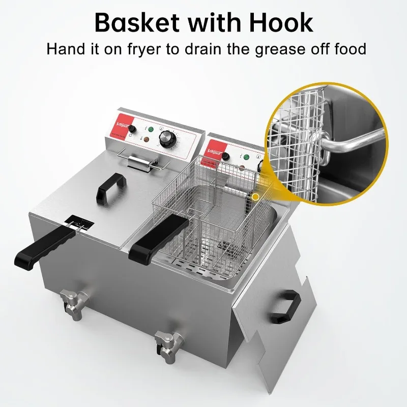 Dual Tanks Commercial Deep Fryer Electric Large Capacity Stainless Steel Countertop Kitchen Frying Machine with Basket & Lid