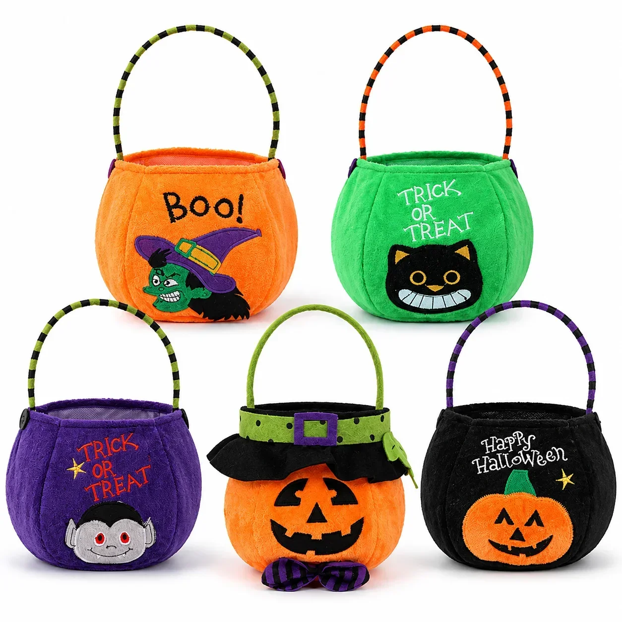 Spooky Holiday Storage Supply 1PC Plush Pumpkin Hand Tote Bag Embroidered Witch Cat Vampire Kids Trick Or Treat Goodie Bucket - view 7