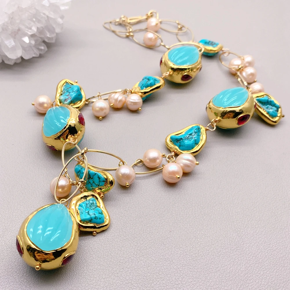 

KKGEM Gold plated chain 11mm Pink round Pearl Blue Turquoise nugget Jade teardrop Choker Necklace