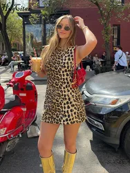 Hugcitar Leopard Print O Neck Sleeveless Sexy Bodycon Slim Mini Prom Dress Summer Women Fashion Y2K Outfits Evening Party Club