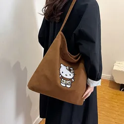 Kawaii Hello Kitty Brown Shoulder Bag Anime Cat Embroidery Girls Handbag High-Capacity Corduroy Messenger Bags Sanrio Item Gifts