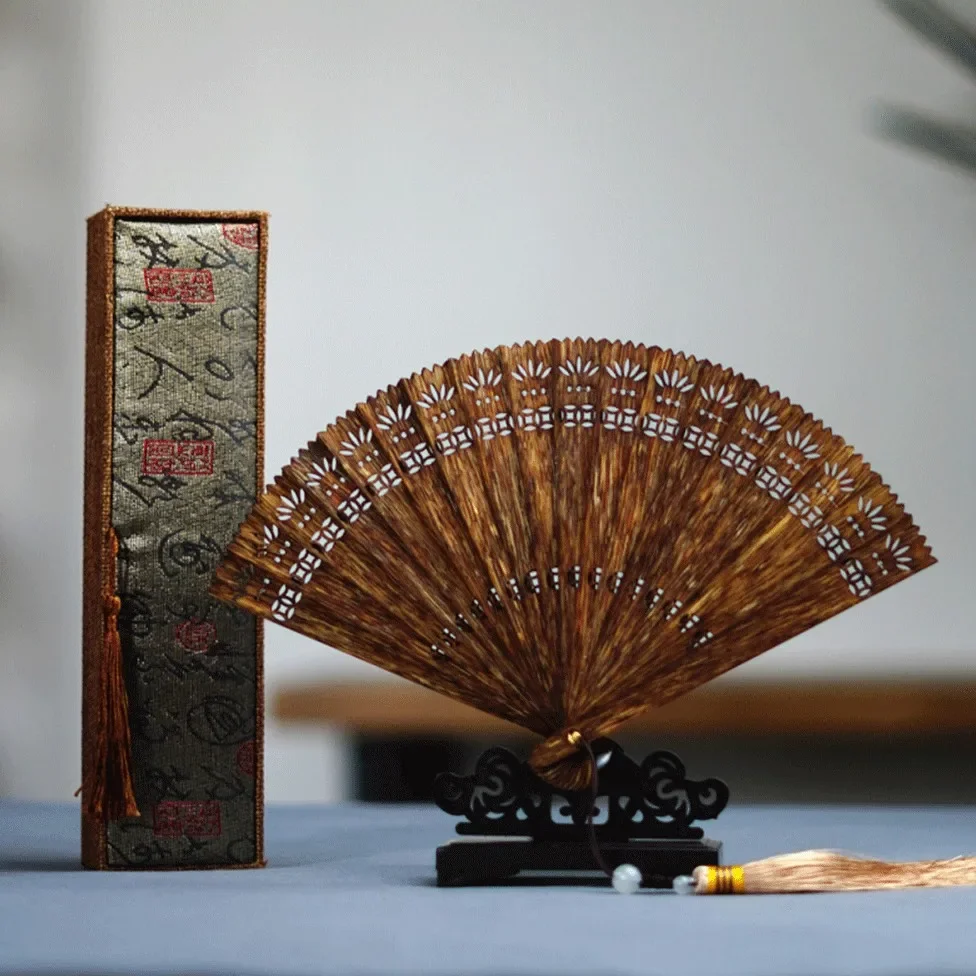7.15-c13  agarwood fan carving hollow agarwood handicraft ornament antique shooting props handheld solid wood fan view 2