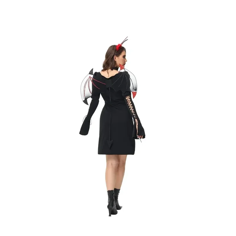 Disfraz de bruja malvada y diablo para parejas, disfraz de Halloween, traje de fiesta, traje de diablo para mujer con alas y accesorios para sombrero