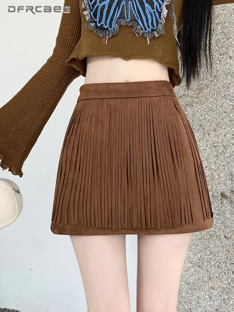 American Retro Suede Retro Skirt With Tassel Autumn Winter Vintage Streetwear Short Pencil Skirts For Women