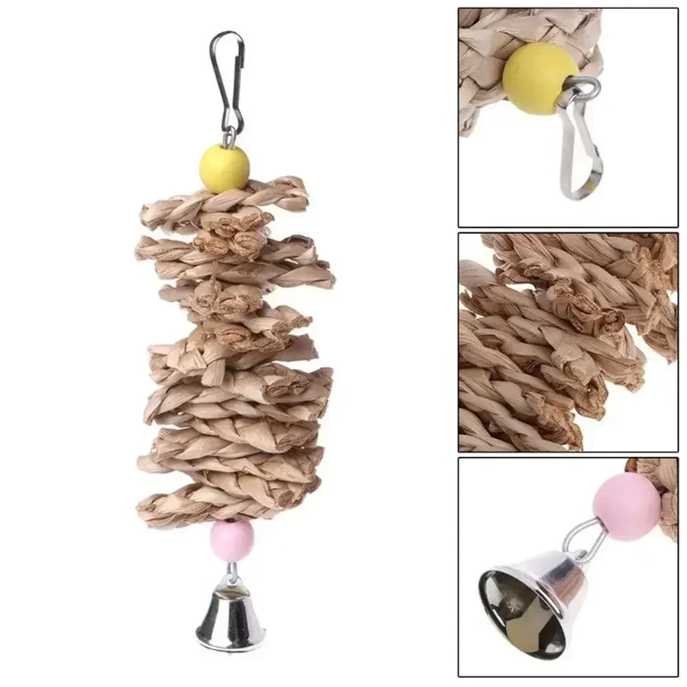 Brinquedo Papagaio Pássaro com Sino, Grama De Madeira Natural, Mordida De Mascar, Balanço De Gaiola De Suspensão, Escalada Pet Toys, 1Pc