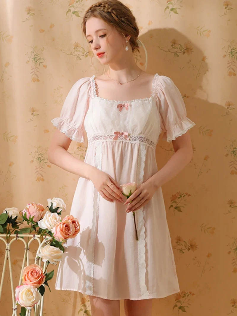 Princess Pajama Night Dress Women Summer Short Sleeve Lace Sweet Girl Pure Cotton Vintage French Victorian Sleepwear Nightwear