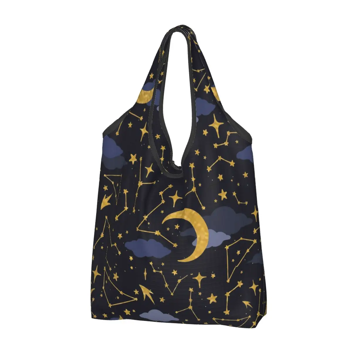 Night Sky Golden Celestial Stars Zodiac Constellations Portable Tote Shopping Bags Shopper Bag Groceries Handbag Shoulder Bag