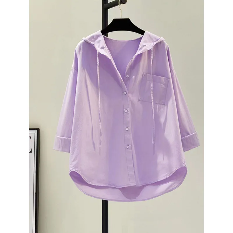 Modieus Koreaans los effen kleur eenvoudig overhemd met lange mouwen en knopen, casual lente en zomer lichtgewicht dameskleding