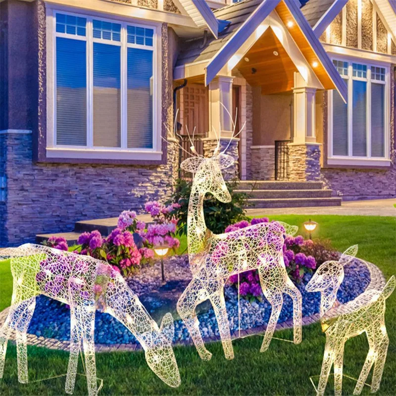 3 pezzi Iron Art alce Deer decorazione del giardino di natale con luce a LED Glowing Glitter renna natale Home Outdoor Yard Ornament Decor