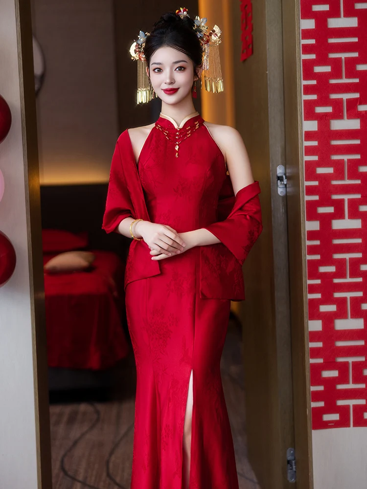

Bridal Long Evening Gown Ne Hanging Red Wine Color Fi Tail Engagement Dr New 2025 Ne Hanging Sle Korean Version